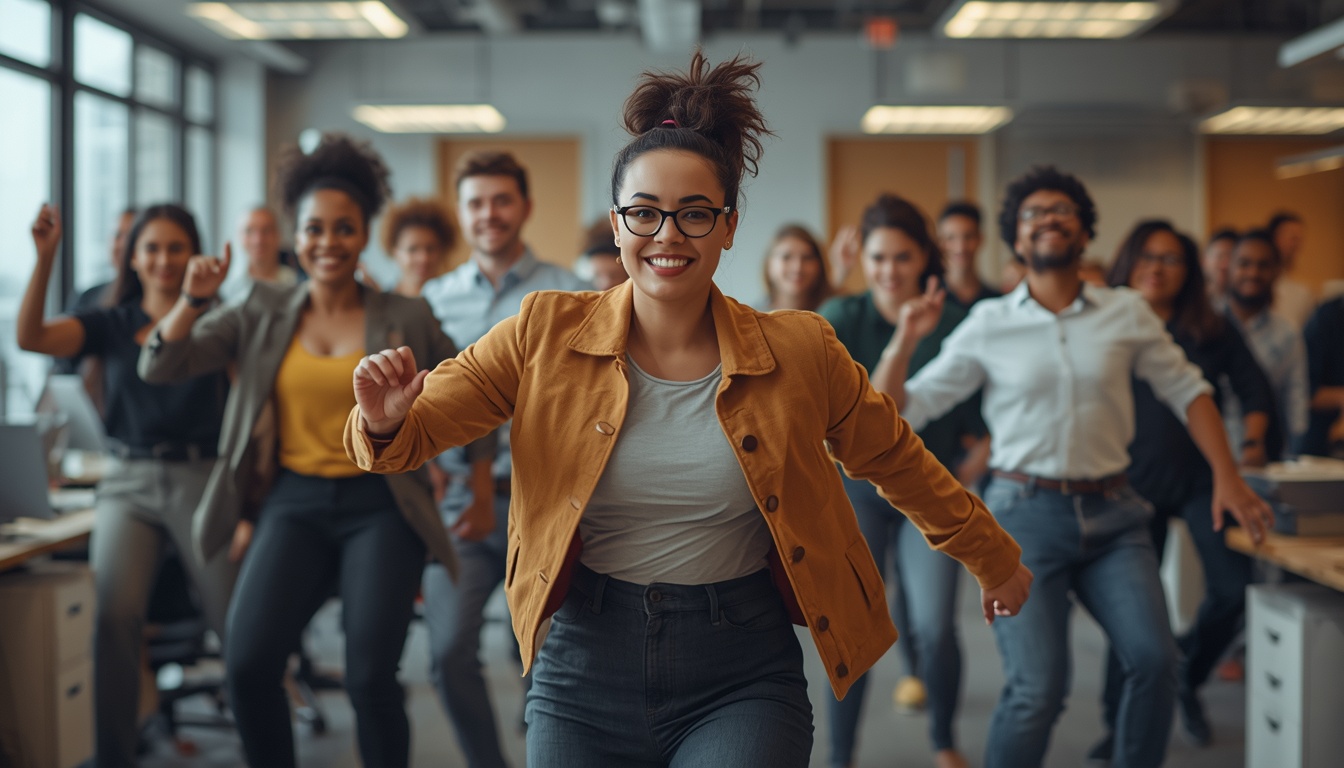 Office workers stretching during a Neckactivelife workplace movement session